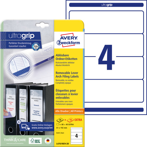 Etykiety na segregator Avery L4761REV-20 192 x 61 80 etykiet usuwalnych