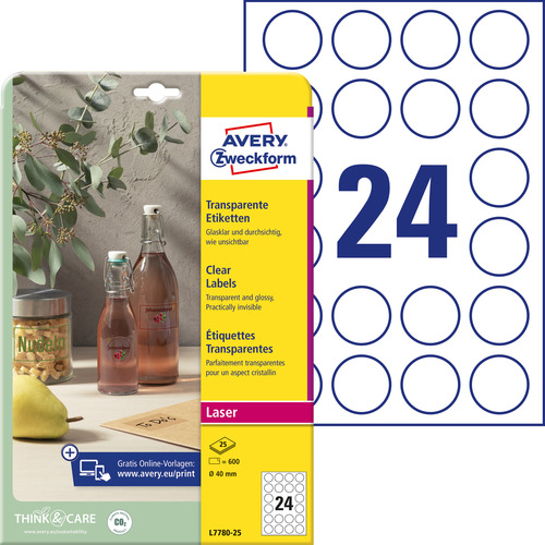 Etykieta foliowa krystaliczna kółko Ø 40mm Avery Zweckform L7780-25, 600 szt.