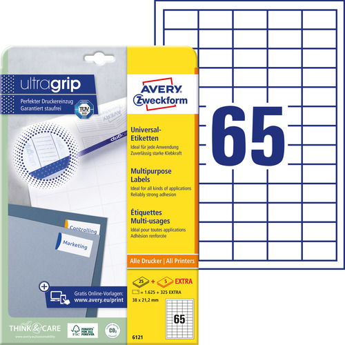 Etykiety uniwersalne QuickPeel Avery Zweckform 6121, rozmiar 38 x 21,2mm, 1625