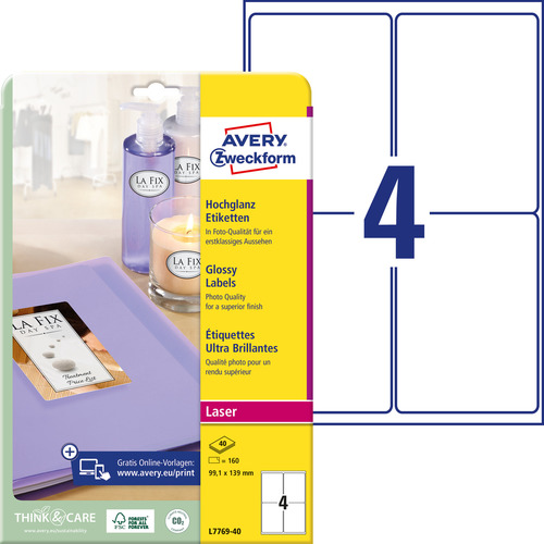 Etykieta samoprzylepna błyszcząca Glossy Colour Laser Avery Zweckform L7769-40,