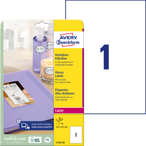 Etykieta samoprzylepna błyszcząca Glossy Colour Laser Avery Zweckform L7767-40,